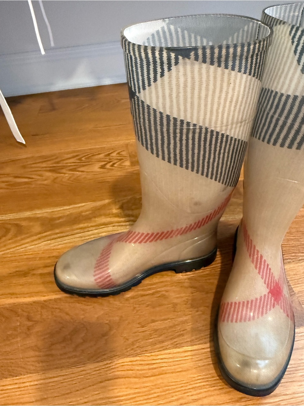 Burberry Classic Check Mid Calf Rain Boots - Beige/Red/Black, Size 38 - Picture 3 of 6